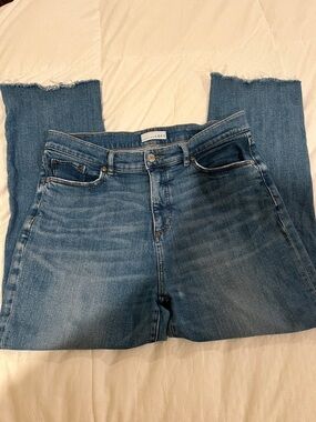 LOFT Medium Blue Straight Cropped Jeans with Raw Hem, size 10 petite
